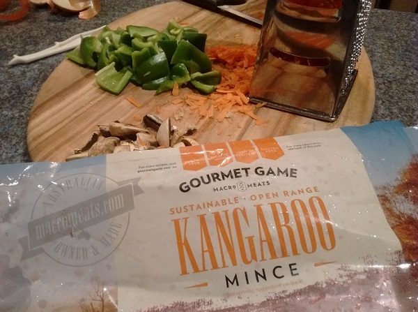 Bag of "Gourmet Game" frozen kangaroo meat on an Australian food counter.