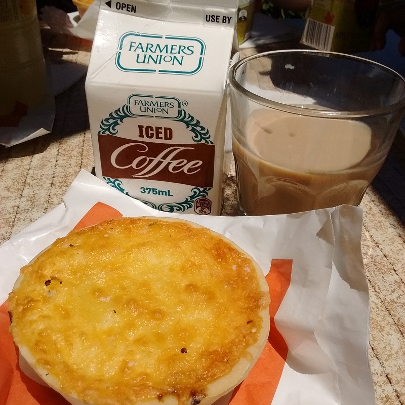 A Ned Kelly pie and iced coffee at Beck's Bakehousing in Noarlunga, South Australia.