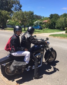 Ulrike on the back of Brett's Harley in Willunga, South Australia.