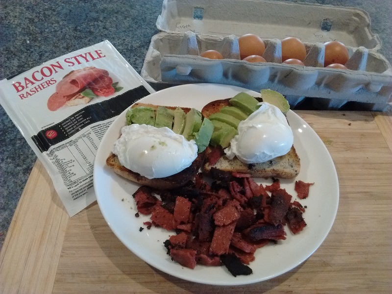 Breakfast plat with fake vegetarian bacon.