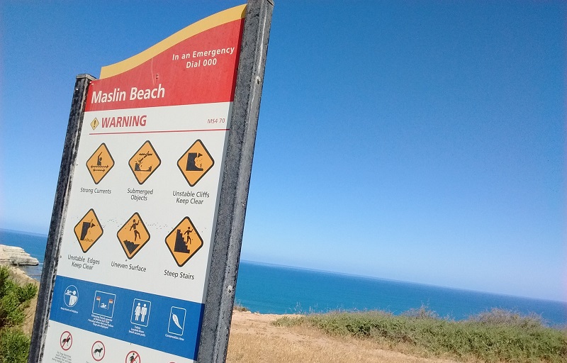 Warning sign at Maslin Beach in South Australia.