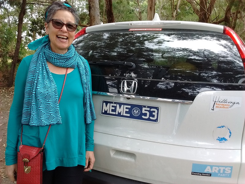 Meme Thorne and her personalized license plate near Willunga, South Australia.
